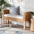 Reiko Handcrafted Natural Rattan Bench with Scalloped Design Boho Farmhouse Seating for Entryway, Bedroom, or Living Room