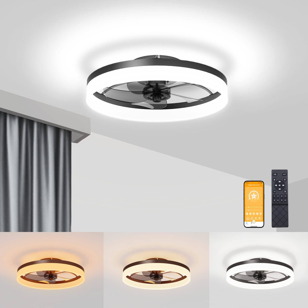 VOLISUN Low Profile Ceiling Fans with Lights and Remote, Fandelier Ceiling Fan Flush Mount 19.7inch, 3000K 6500K Smart Bladeless LED Fan Light