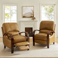 Set of 2 Alex Mid Century Modern Genuine Leather Manual Recliners with Curved Wooden Arms